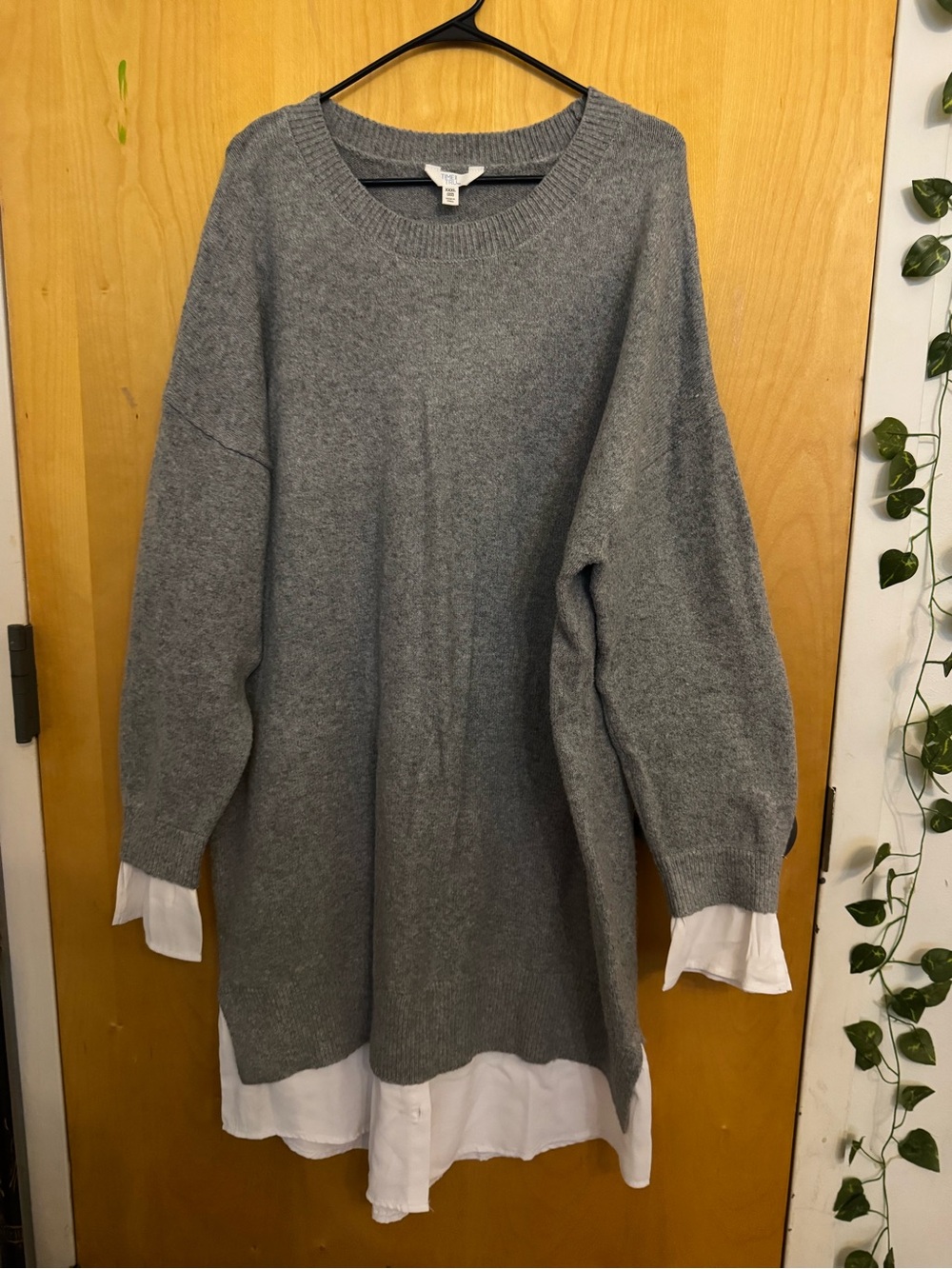 Time and Tru Gray Layered Crewneck Sweater with White Shirt Hem